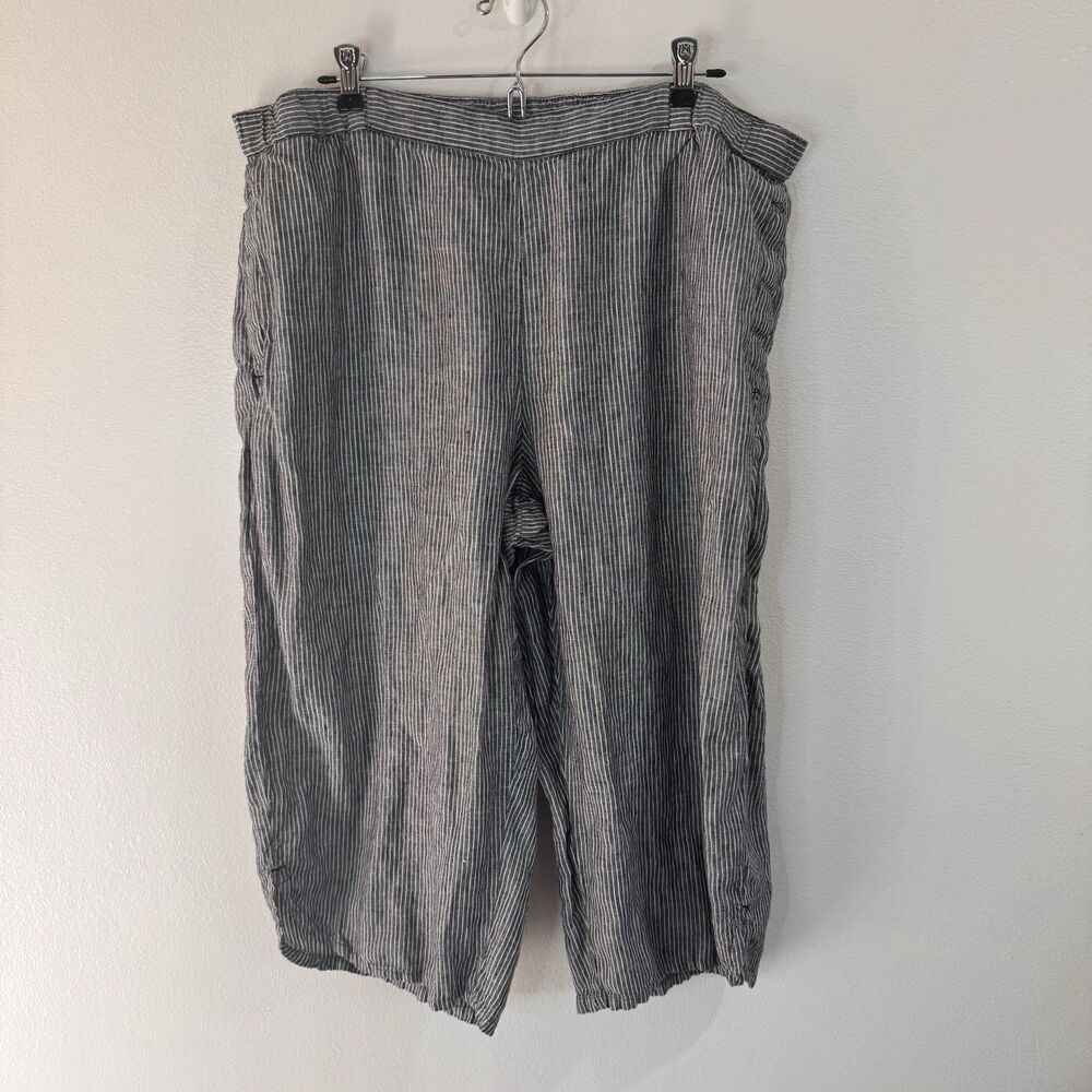 Coldwater Creek Pants PXL 100% Linen Cropped Capri Wide Leg Striped Gray Pull On